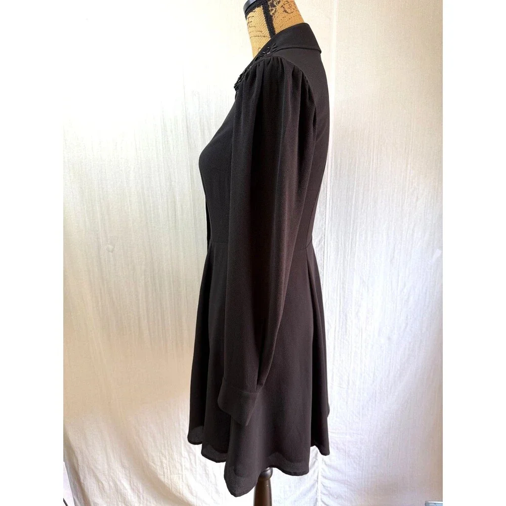H&M Black Beaded Collar Shirt Dress US 4 Button Front Fit Flare Long Sleeve